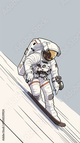 An astronaut rides a snowboard down an inclined surface in space. The scene captures the thrill of snowboarding among the stars.