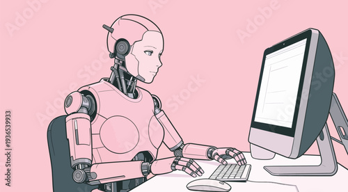 Robot sits at a desk typing on a computer with a pink background during a work session in a tech space.