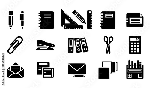 A set of office supplies and stationery icons in a flat design style