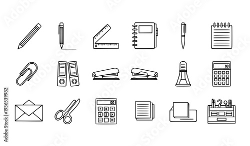 A set of office supplies icons in a minimal line art style