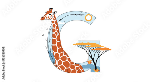 Majestic giraffe integrated into a large stylized letter G with a background of savanna trees and a bright sun illustration.