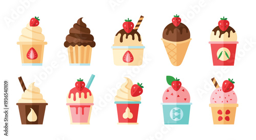 Set of ten delicious ice cream and frozen yogurt cups and cones topped with fresh red strawberries and chocolate sauce.