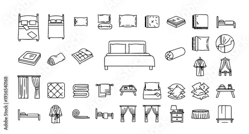 A collection of black and white line art illustrations depicting various bedroom furniture and accessories