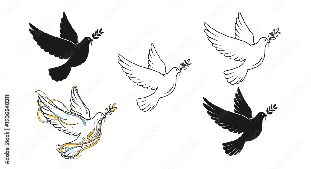 Fototapeta premium Five different illustrations of a white peace dove carrying an olive branch including silhouette and line art styles.