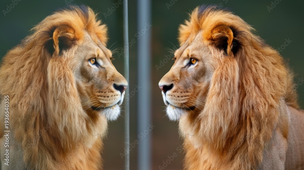Fototapeta premium Majestic Lion with Vibrant Mane Reflecting in Glass Surface, Showcasing Natural Beauty and Power of Wildlife