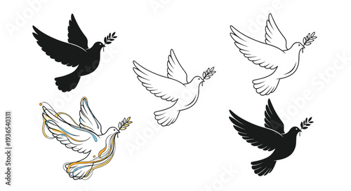 Five different illustrations of a white peace dove carrying an olive branch including silhouette and line art styles.