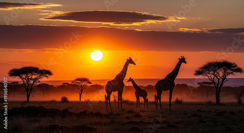 giraffes silhouette at sunset