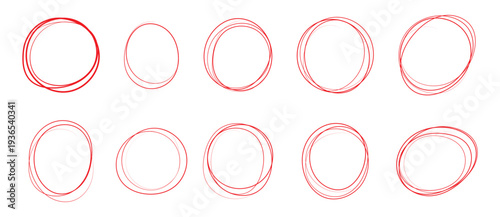 Hand drawn marker red circles round set. Doodle round shapes. Crayon circle highlight