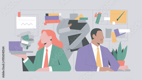 Two business professionals working together in a modern office environment with various office supplies