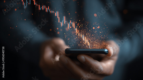 Futuristic smartphone displaying financial data visualization with a dynamic graph and glowing elements.