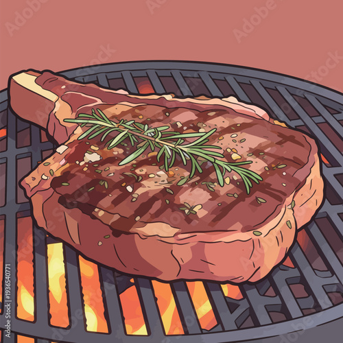 A large steak is cooking on a charcoal grill with fresh herbs on top. The grill is hot and the meat is sizzling.
