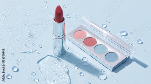 Red lipstick with a silver tube sits next to an open makeup palette. The palette shows three eyeshadow shades: pink, coral, and blue. Water droplets scatter across a pale blue background.