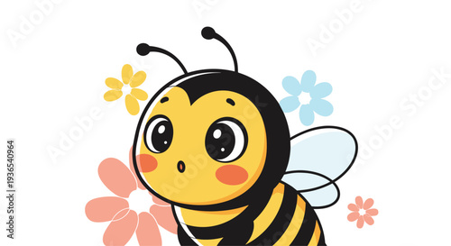 Adorable cartoon bumblebee with big eyes and rosy cheeks flying in front of colorful flowers on a clean white background.