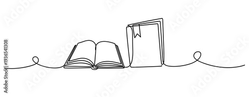 Open book and closed book drawn on continuous line surface. No editable stroke