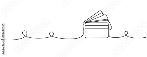 Wallet with multiple cards fanned in continuous line drawing. No editable stroke