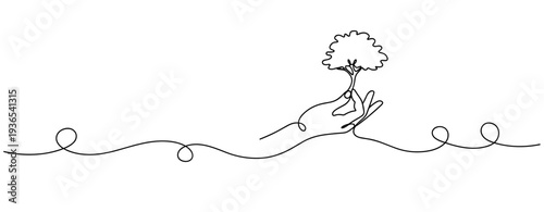 Hand holding small tree sapling symbolizing environmental care. No editable stroke