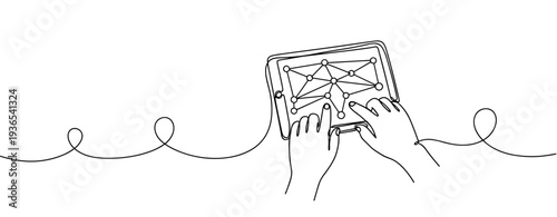 Hands interacting with tablet displaying network nodes on line. No editable stroke