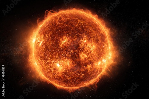 Fiery sun with radiant corona, emitting intense light and heat in space