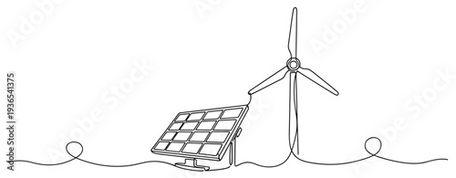 Solar panel and wind turbine mounted on continuous line landscape. No editable stroke