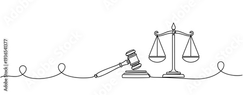 Gavel and scales symbolizing justice on continuous line setting. No editable stroke