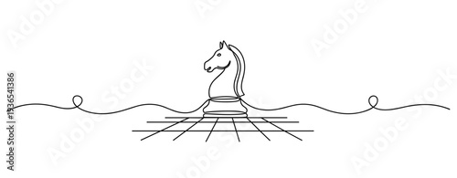 Knight chess piece positioned on grid chessboard continuous line. No editable stroke
