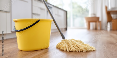 Yellow bucket with black handle rests on wooden floor. Mop head lies beside the bucket. Kitchen cabinets line the background. Dining chairs and windows appear softly blurred.