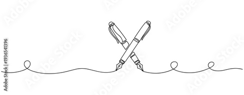Fountain pens crossed forming x in single line illustration. No editable stroke
