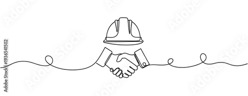 Handshake under safety helmet symbolizing construction partnership. No editable stroke