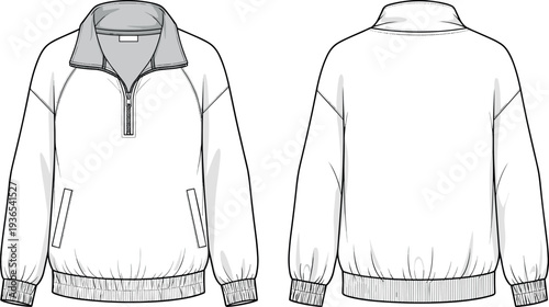 Blank half zip pullover sweatshirt technical fashion flat sketch vector illustration template with front and back views for apparel design