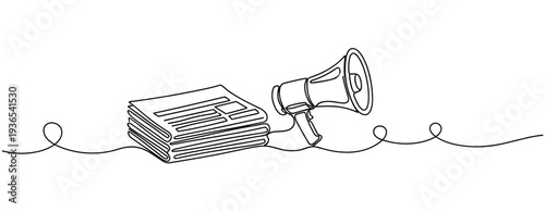 Newspapers and megaphone placed on continuous single line background. No editable stroke