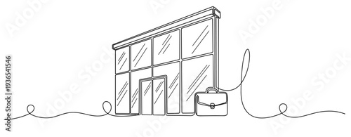 Office building with briefcase symbolizing business entrance. No editable stroke