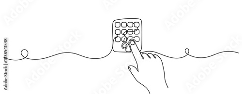 Hand pressing button on keypad in minimalist continuous line. No editable stroke