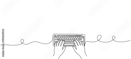 Hands typing on keyboard in continuous line drawing on white. No editable stroke