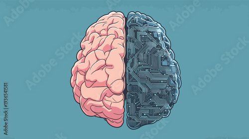 The design shows a brain divided into two halves. One half is a human brain and the other half is a circuit board. The background is blue.