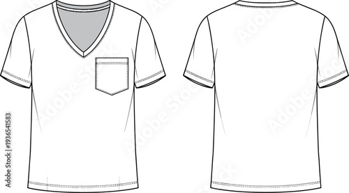 Blank mens v neck tee shirt with chest pocket technical fashion flat sketch vector illustration front and back view template