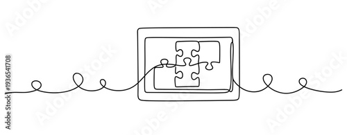 Tablet displaying jigsaw puzzle pieces in continuous line. No editable stroke