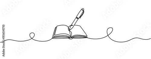 Open book with pen writing on page in line drawing. No editable stroke