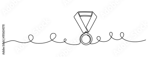 Medal hanging from ribbon in continuous line art composition. No editable stroke