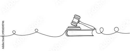 Gavel resting on law book symbolizing legal judgment on line. No editable stroke