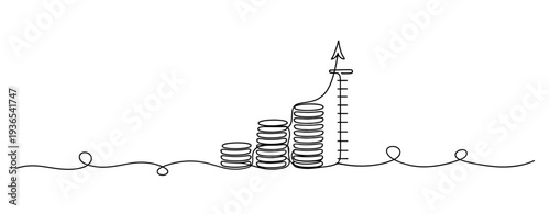 Stacks of coins growing beside rising chart arrow on line. No editable stroke