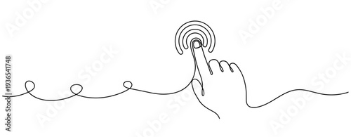 Hand pressing circular touch icon in single line illustration. No editable stroke