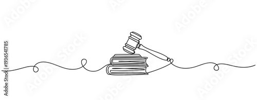 Judge gavel resting on law books in continuous line drawing. No editable stroke