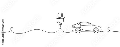 Electric car connected to charging plug in line drawing. No editable stroke