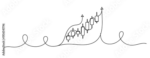 Candlestick chart rising inside continuous line market trend. No editable stroke
