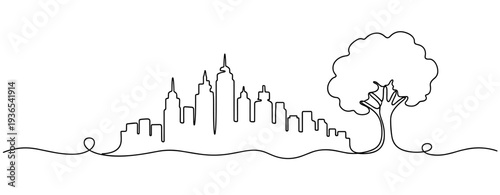 City skyline connected to tree by continuous line art. No editable stroke