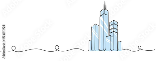 City skyline rising in continuous line art on white background. No editable stroke