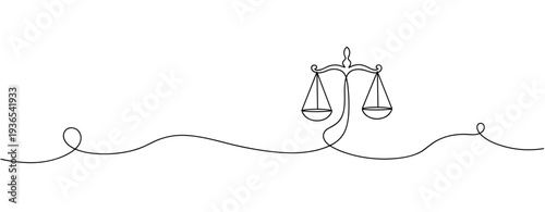 Balance scales suspended above continuous line background. No editable stroke