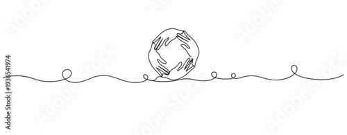 Hands holding globe in continuous line drawing on white background. No editable stroke