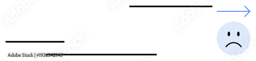 Negative feedback concept. Sad face icon with lines and an arrow indicating movement or change. Negative feedback is critical in communication, systems, and improvement processes. For communication