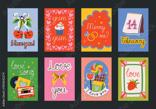 Romantic Valentine's Day posters and postcards. Printable designs with cute hearts, cherry characters, retro cassette, record, calendar, gifts, wedding rings, festive bows, strawberry, cupcake, sweets